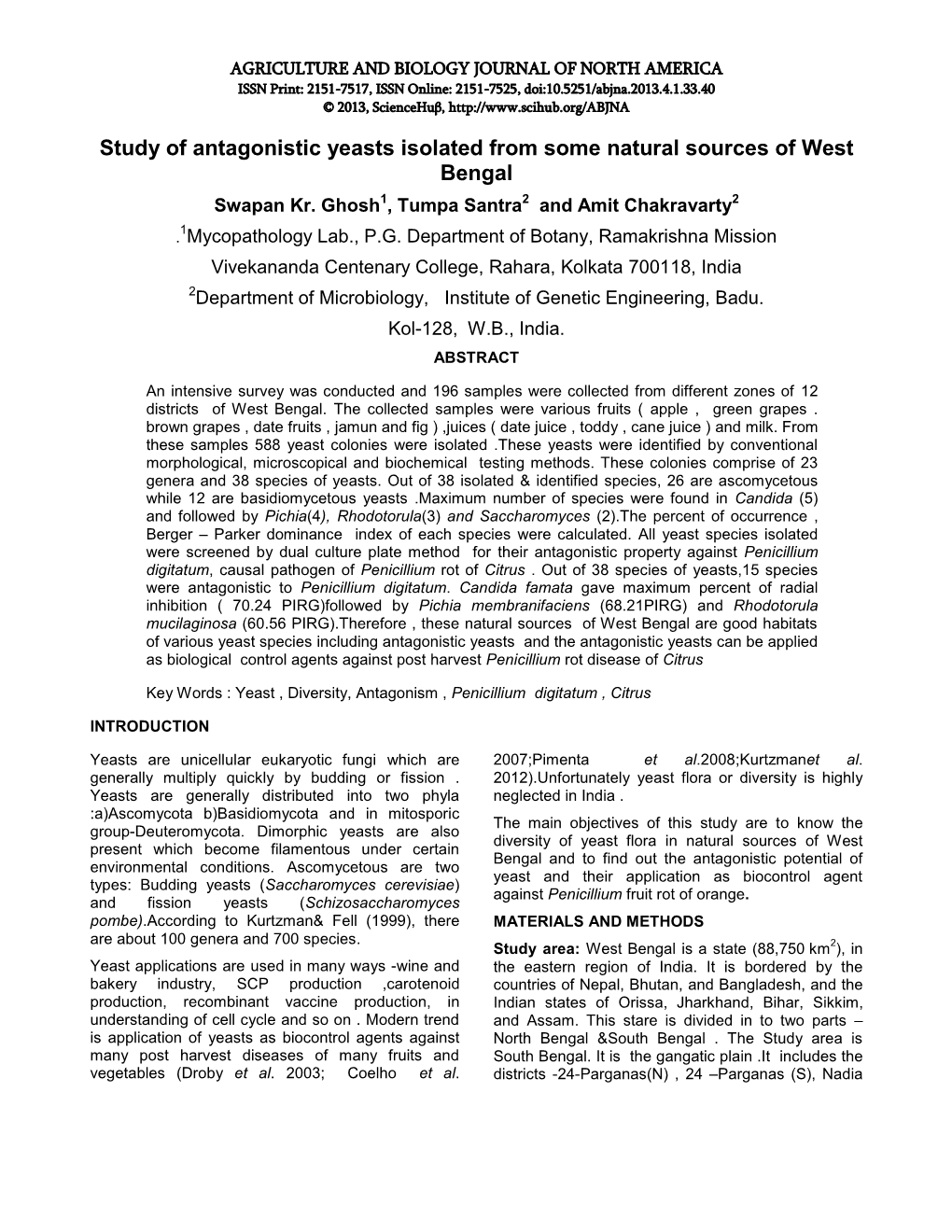 Study of Antagonistic Yeasts Isolated from Some Natural Sources of West Bengal Swapan Kr