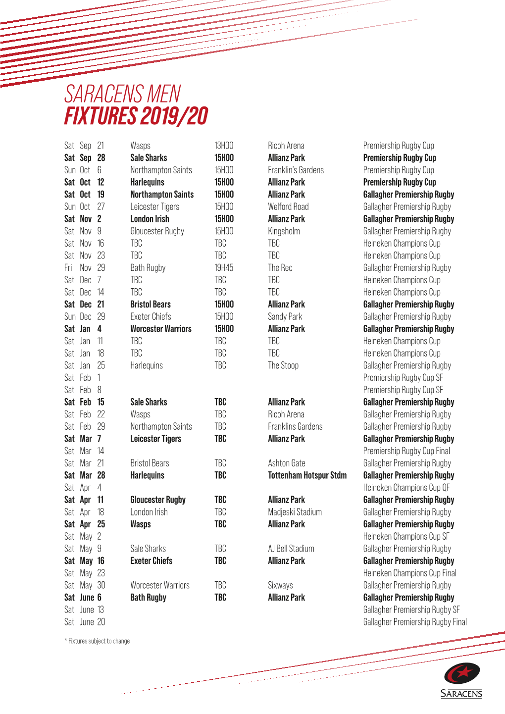 Saracens Men Fixtures 2019/20