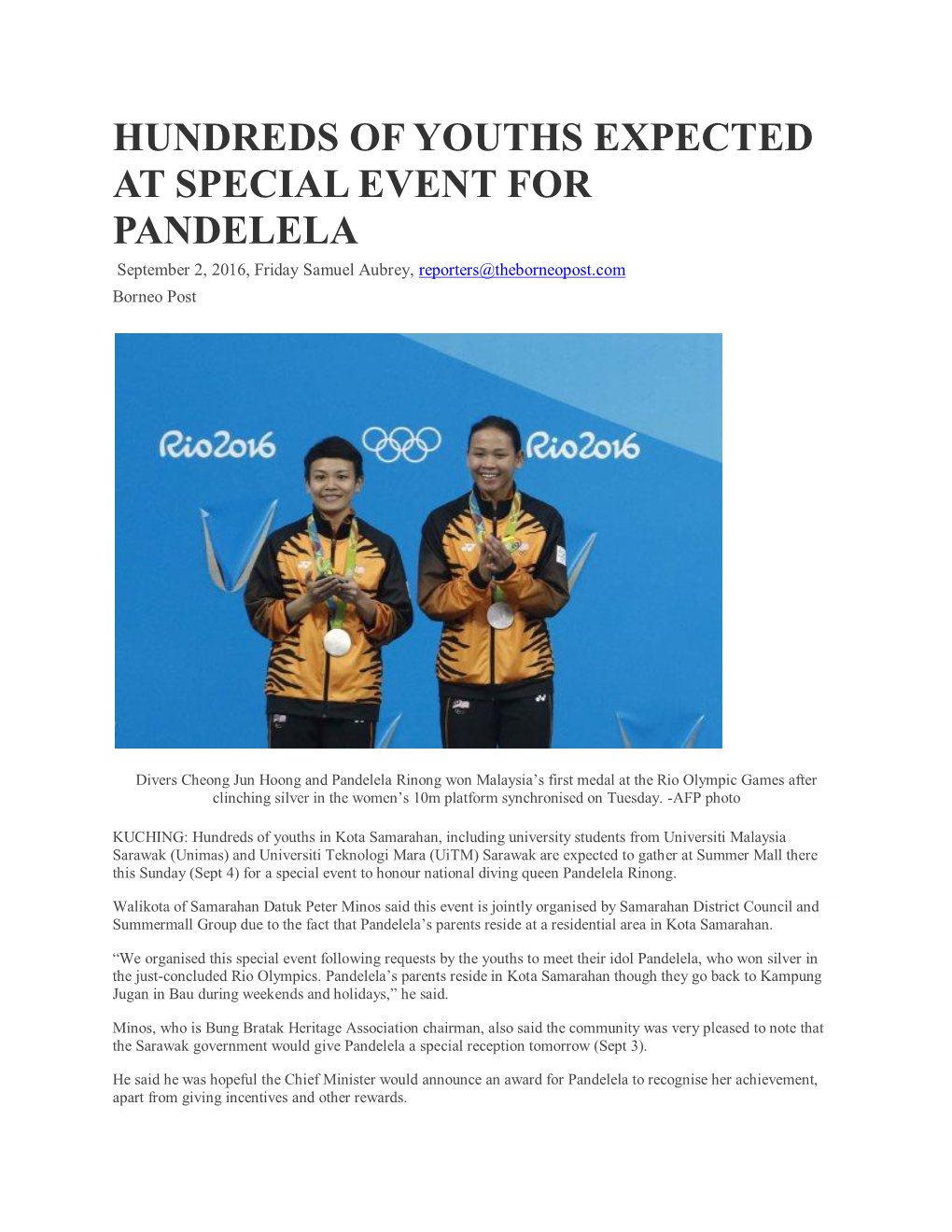 HUNDREDS of YOUTHS EXPECTED at SPECIAL EVENT for PANDELELA September 2, 2016, Friday Samuel Aubrey, Reporters@Theborneopost.Com Borneo Post