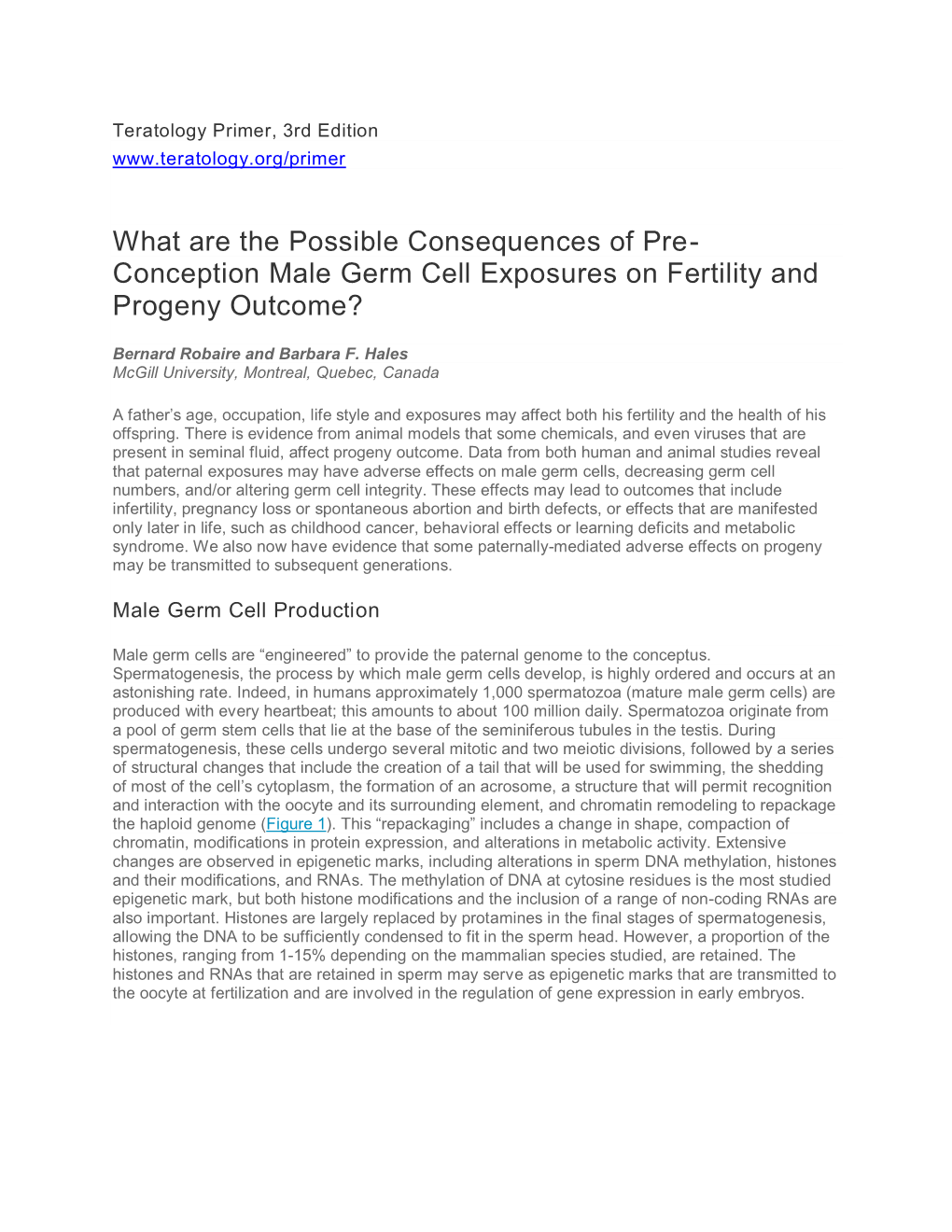 What Are the Possible Consequences of Pre- Conception Male Germ Cell Exposures on Fertility and Progeny Outcome?