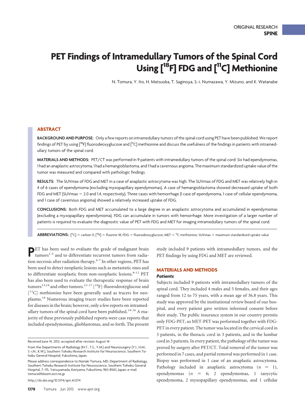 PET Findings of Intramedullary Tumors of the Spinal Cord Using [ F