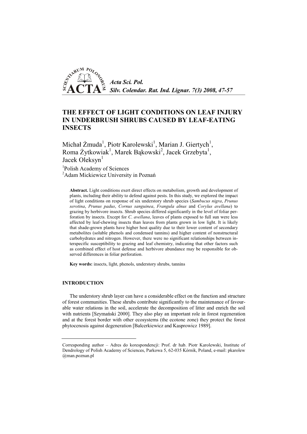 The Effect of Light Conditions on Leaf Injury in Underbrush Shrubs Caused by Leaf-Eating Insects