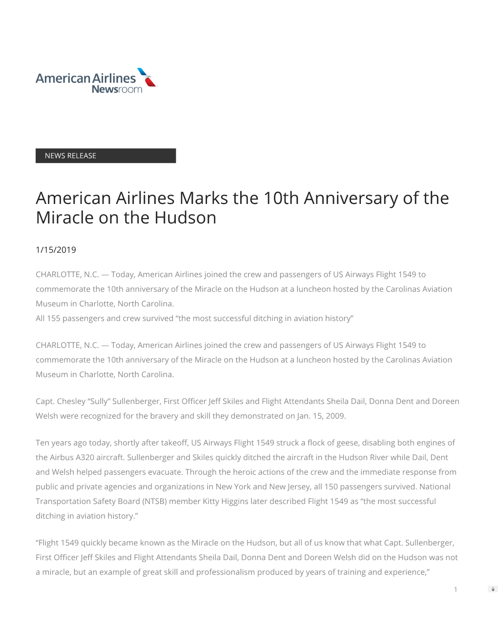 American Airlines Marks the 10Th Anniversary of the Miracle on the Hudson