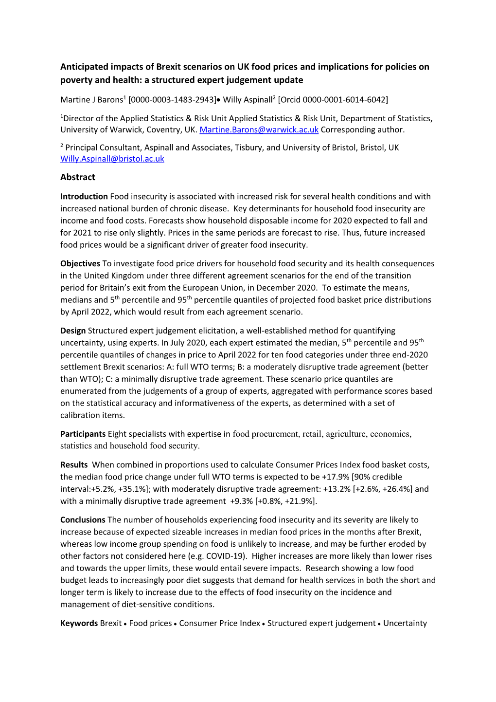 Anticipated Impacts of Brexit Scenarios on UK Food Prices and Implications for Policies on Poverty and Health: a Structured Expert Judgement Update