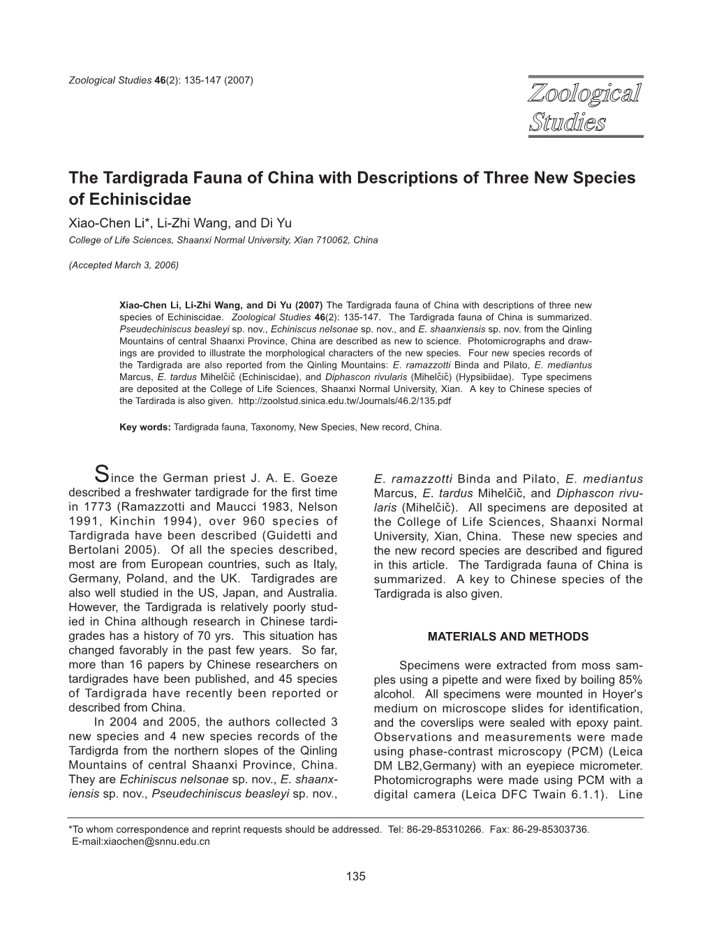 The Tardigrada Fauna of China with Descriptions Of