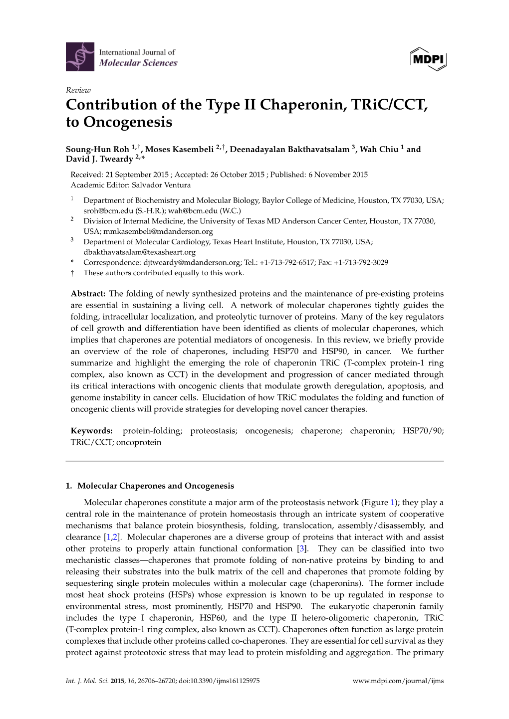 Contribution of the Type II Chaperonin, Tric/CCT, to Oncogenesis