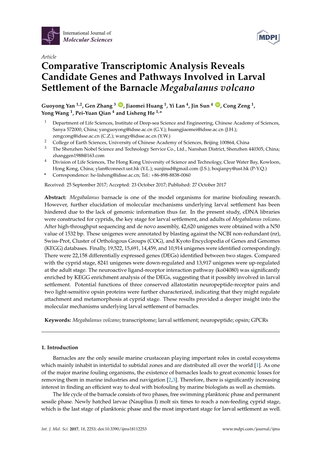 Comparative Transcriptomic Analysis Reveals Candidate Genes and Pathways Involved in Larval Settlement of the Barnacle Megabalanus Volcano