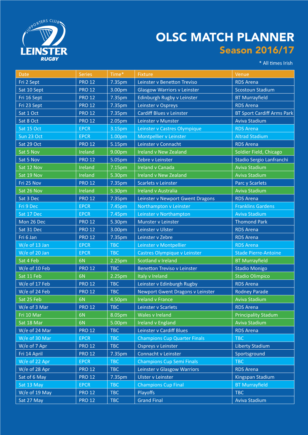 OLSC MATCH PLANNER Season 2016/17 * All Times Irish