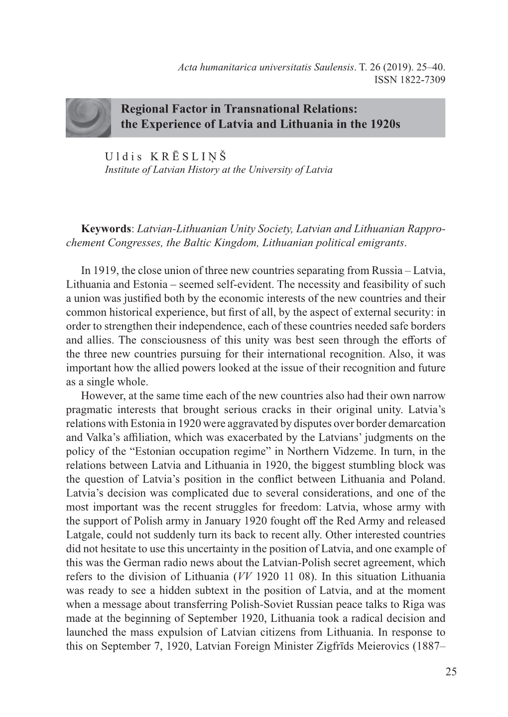 Regional Factor in Transnational Relations: the Experience of Latvia and Lithuania in the 1920S