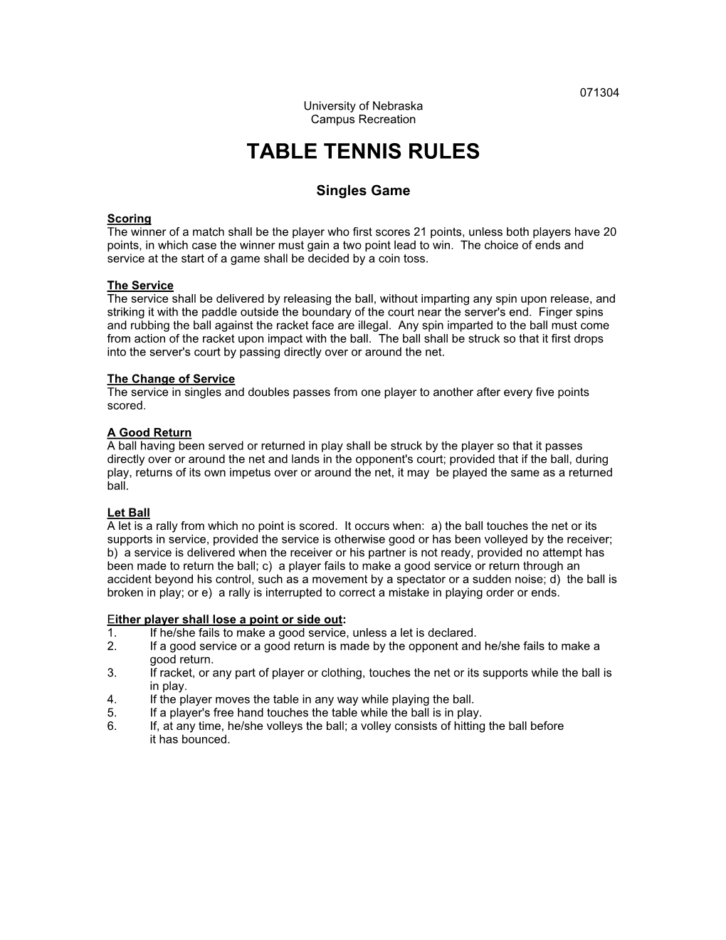 Table Tennis Rules