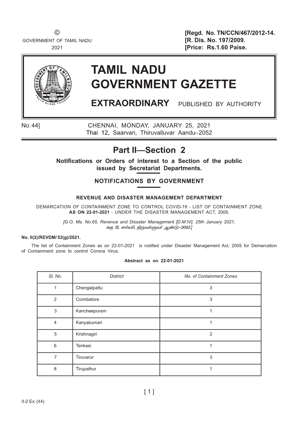 44] CHENNAI, MONDAY, JANUARY 25, 2021 Thai 12, Saarvari, Thiruvalluvar Aandu–2052