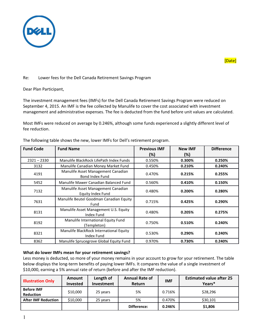 Re: Lower Fees for the Dell Canada Retirement Savings Program