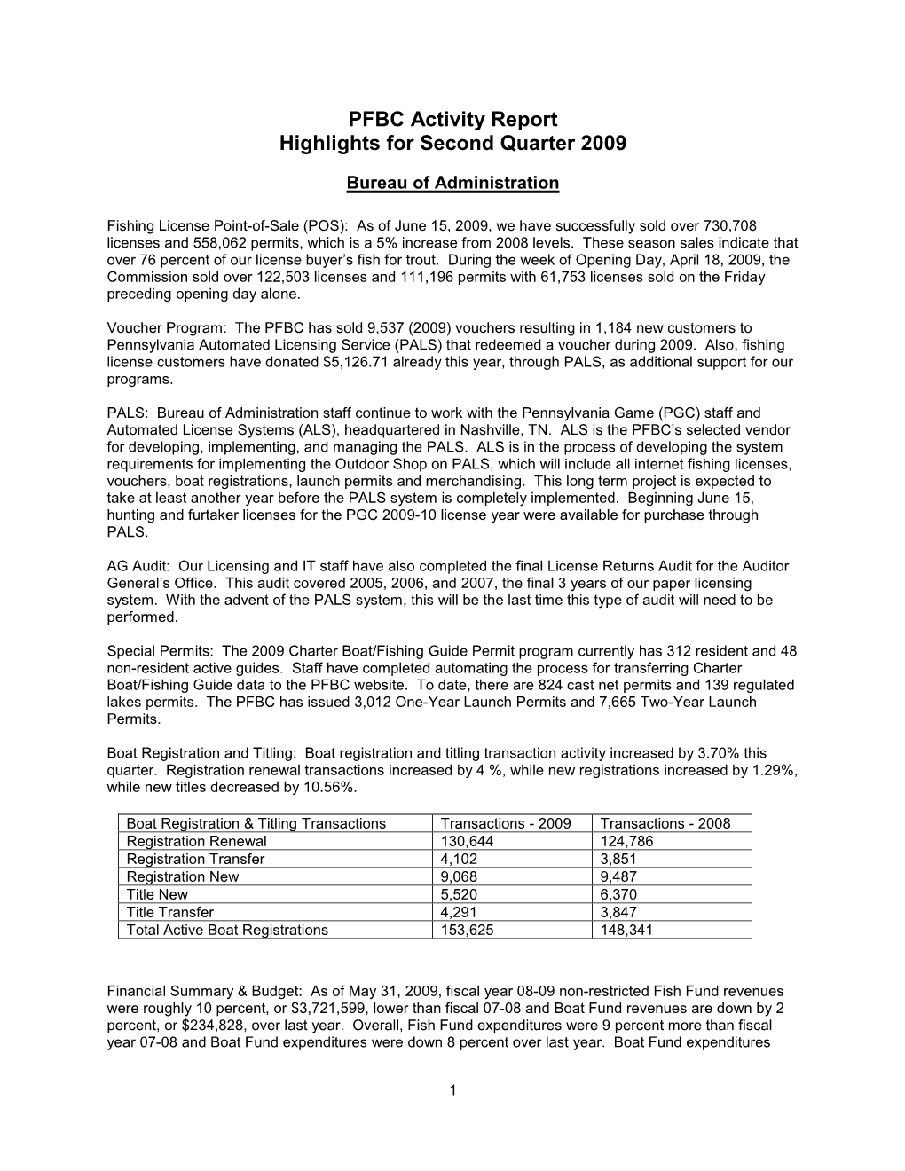 PFBC Activity Report Highlights for Second Quarter 2009