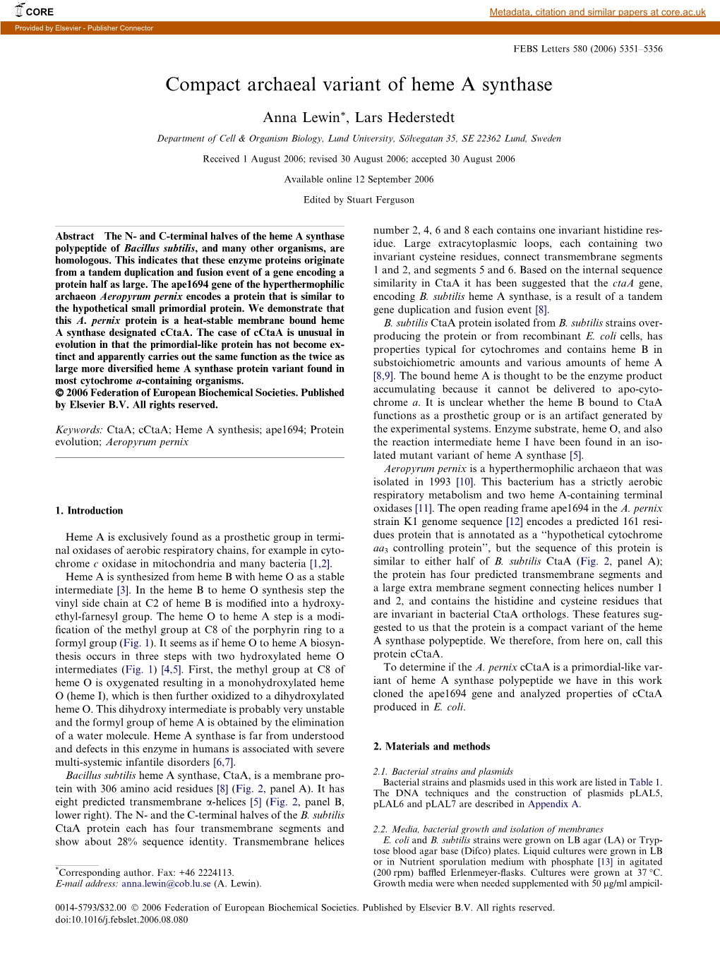 Compact Archaeal Variant of Heme a Synthase