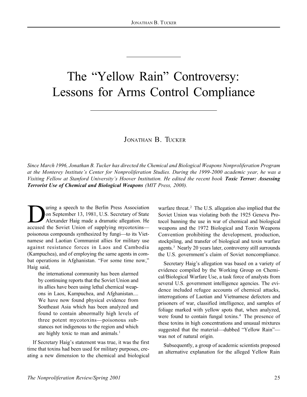 Yellow Rain” Controversy: Lessons for Arms Control Compliance