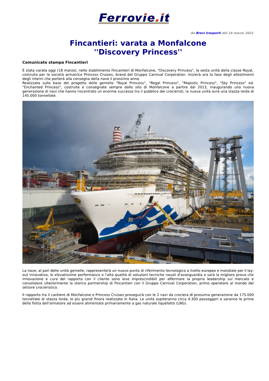 Fincantieri: Varata a Monfalcone ''Discovery Princess''