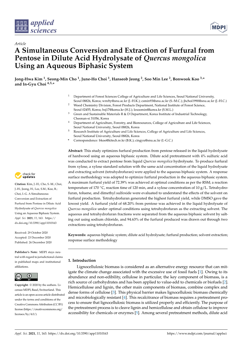 A Simultaneous Conversion and Extraction of Furfural from Pentose in Dilute Acid Hydrolysate of Quercus Mongolica Using an Aqueous Biphasic System