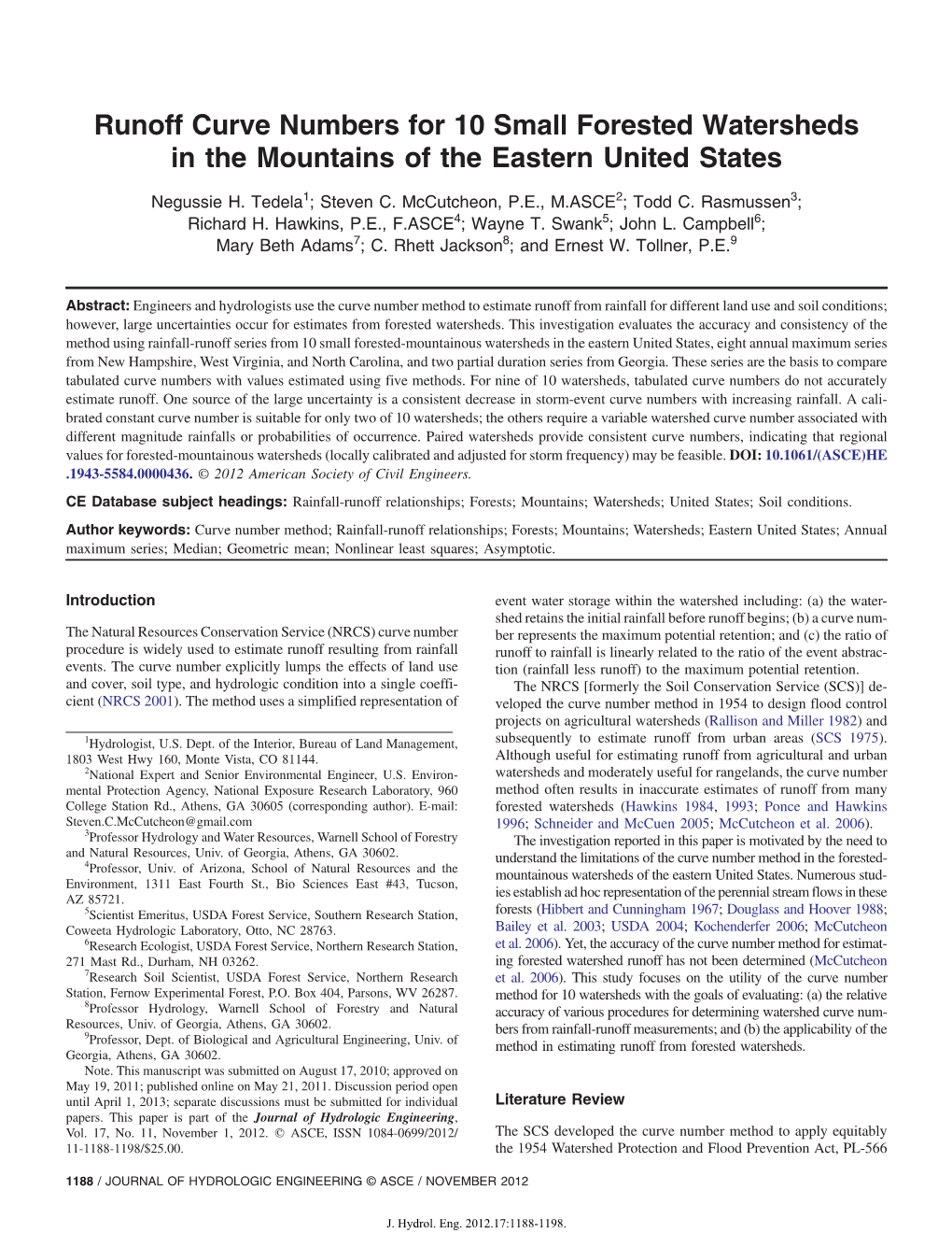 Runoff Curve Numbers for 10 Small Forested Watersheds in the Mountains of the Eastern United States