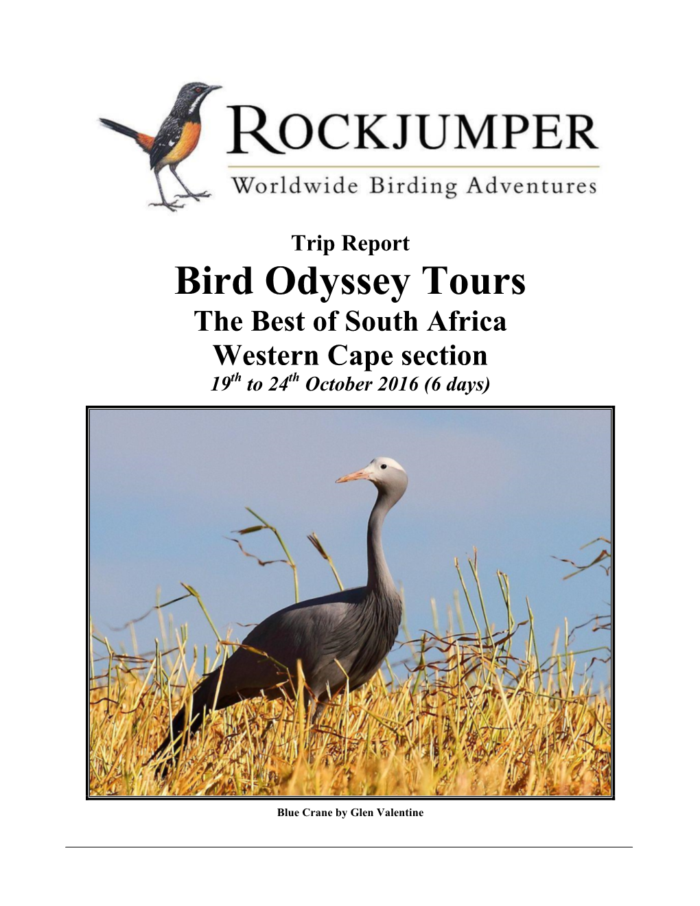 Trip Report Bird Odyssey Tours the Best of South Africa Western Cape Section 19Th to 24Th October 2016 (6 Days)