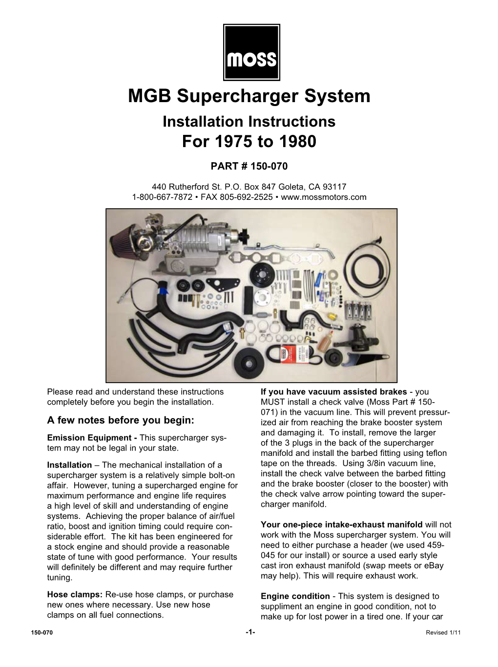 MGB Supercharger System Installation Instructions for 1975 to 1980 PART # 150-070