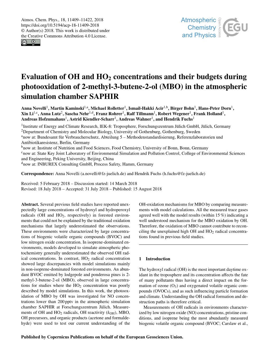 Evaluation of OH and HO2 Concentrations and Their Budgets During Photooxidation of 2-Methyl-3-Butene-2-Ol (MBO) in the Atmospheric Simulation Chamber SAPHIR