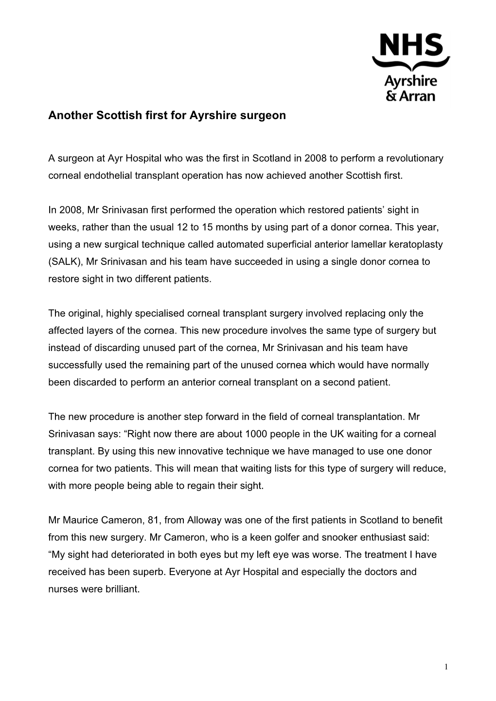 Another Scottish First for Ayrshire Surgeon