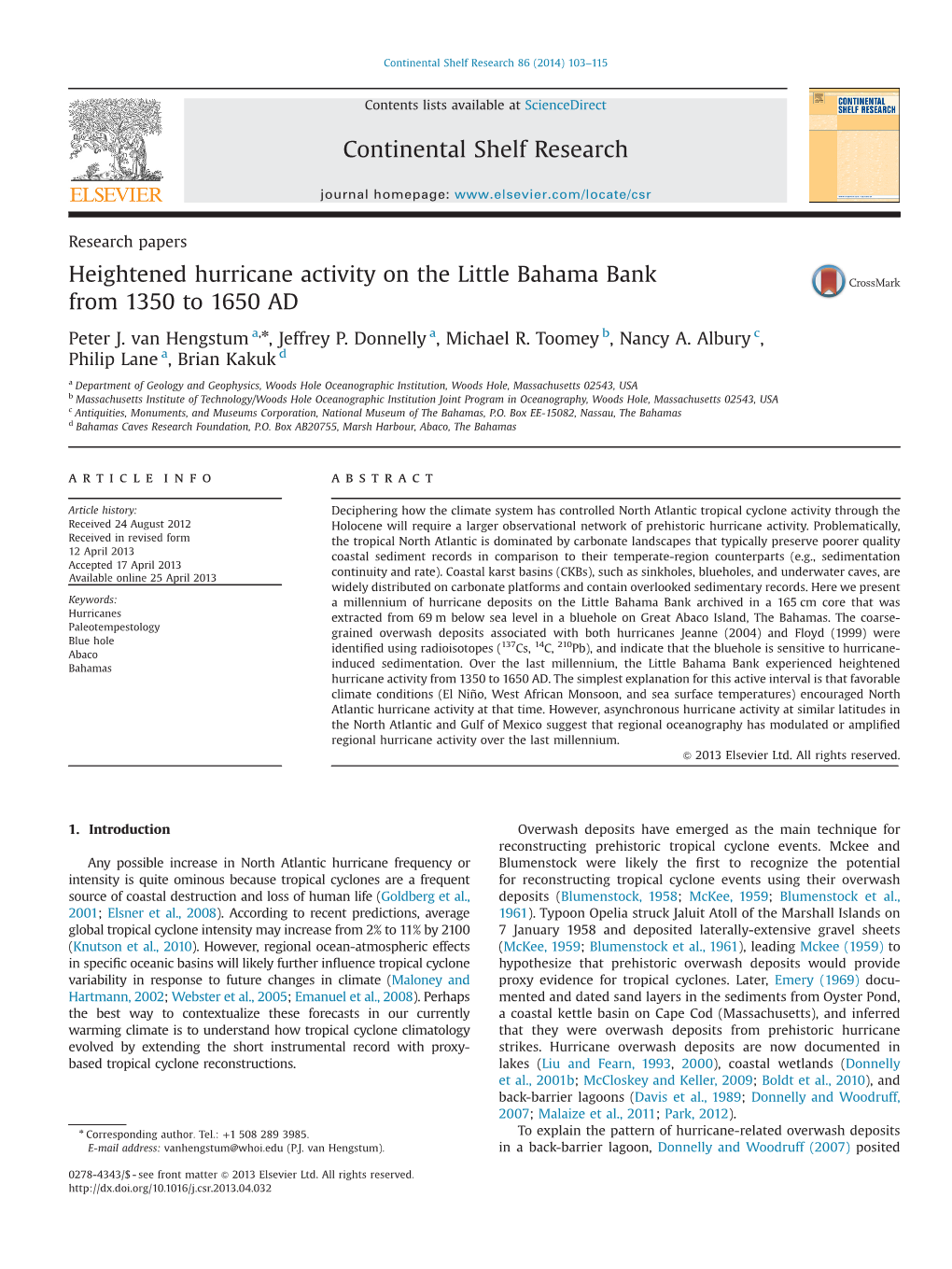 Heightened Hurricane Activity on the Little Bahama Bank from 1350 to 1650 AD