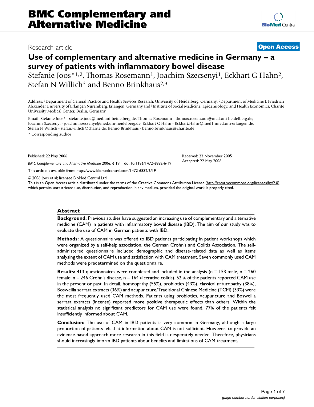 Use of Complementary and Alternative Medicine in Germany–A Survey Of