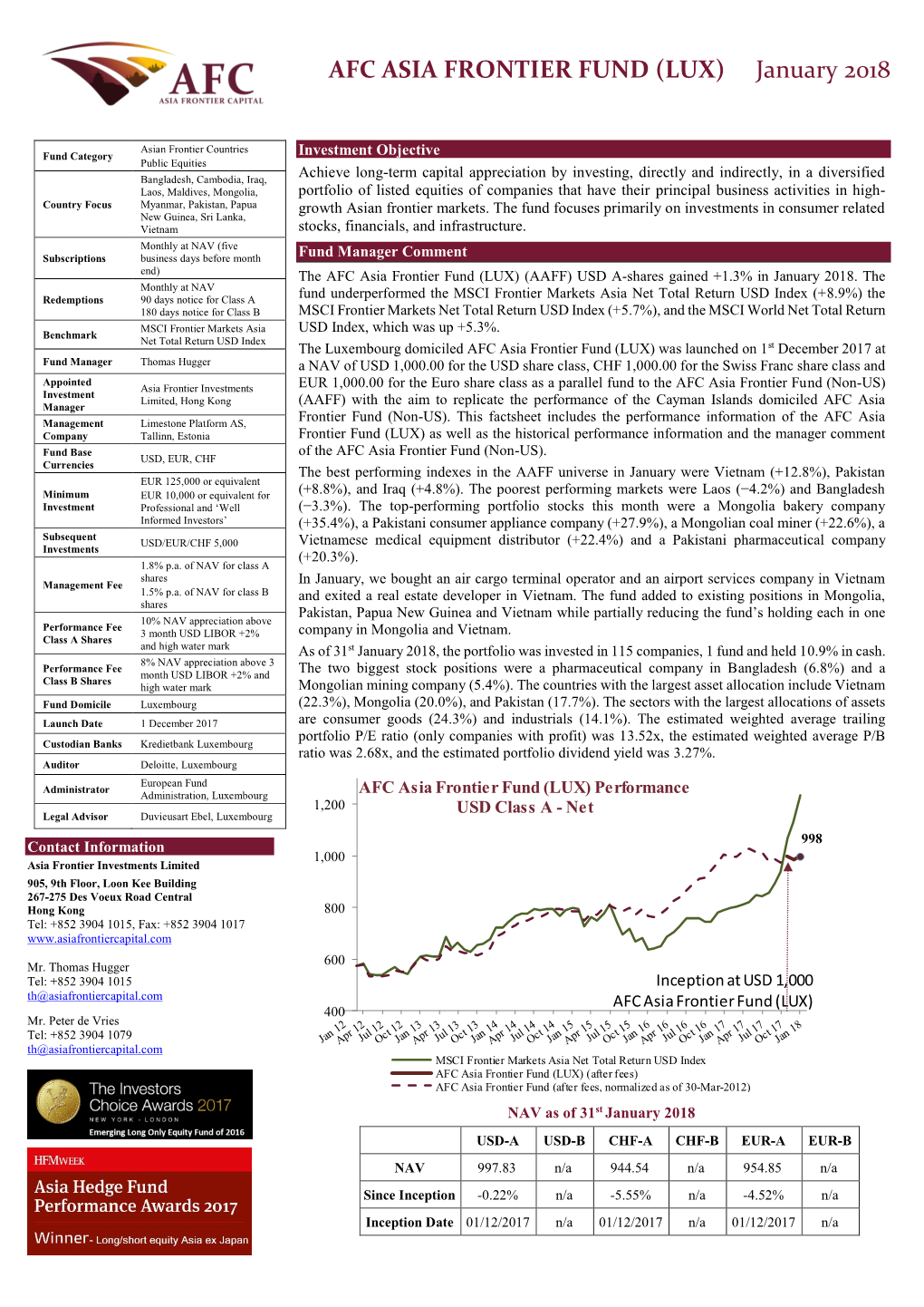 AFC ASIA FRONTIER FUND (LUX) January 2018