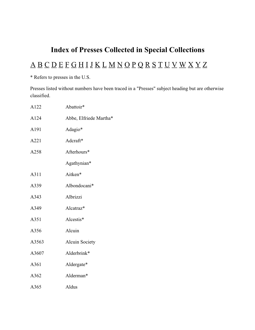 Presses Listed Without Numbers Have Been Traced in a "Presses" Subject Heading but Are Otherwise Classified