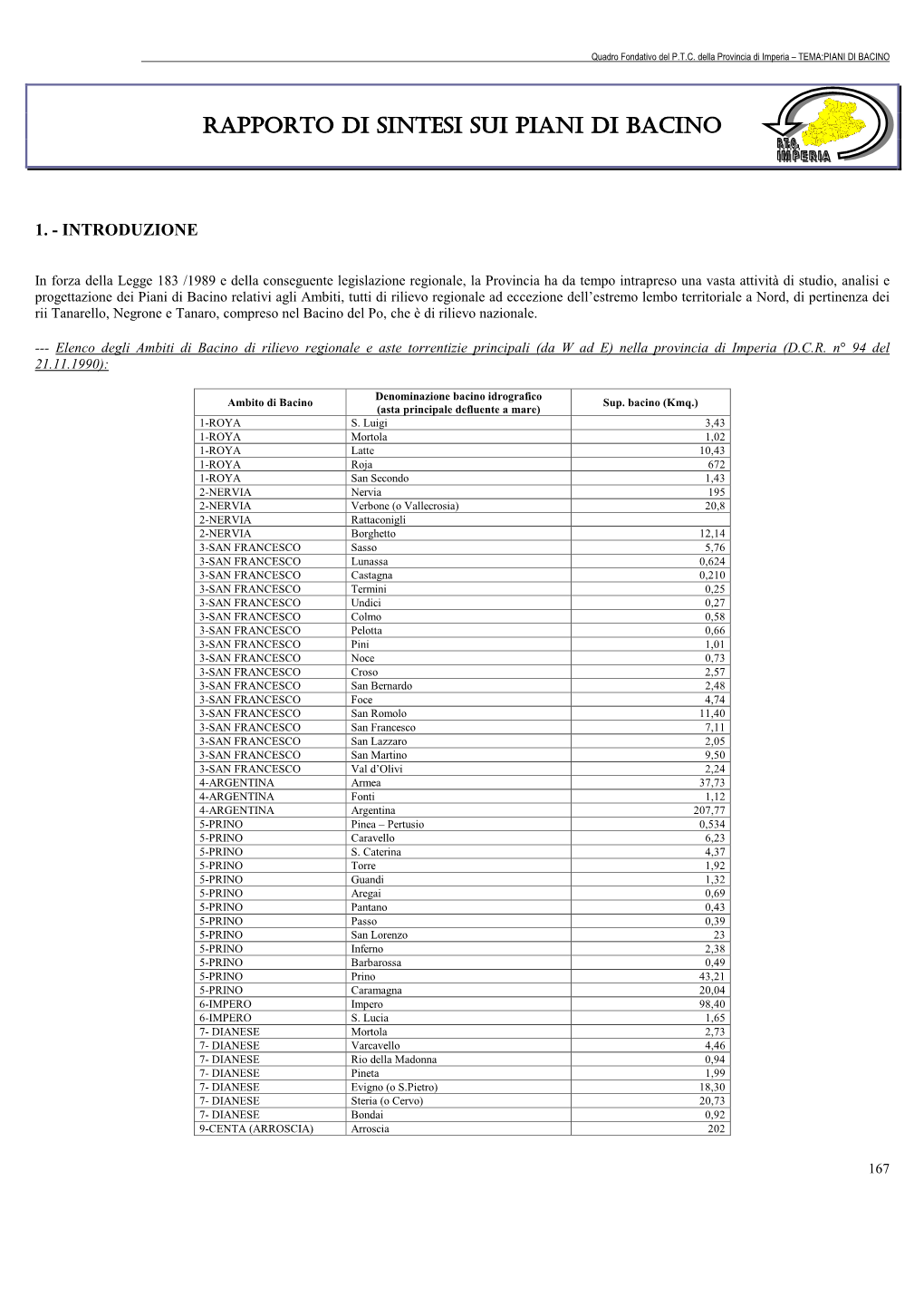 Rapporto Di Sintesi Sui Piani Di Bacino