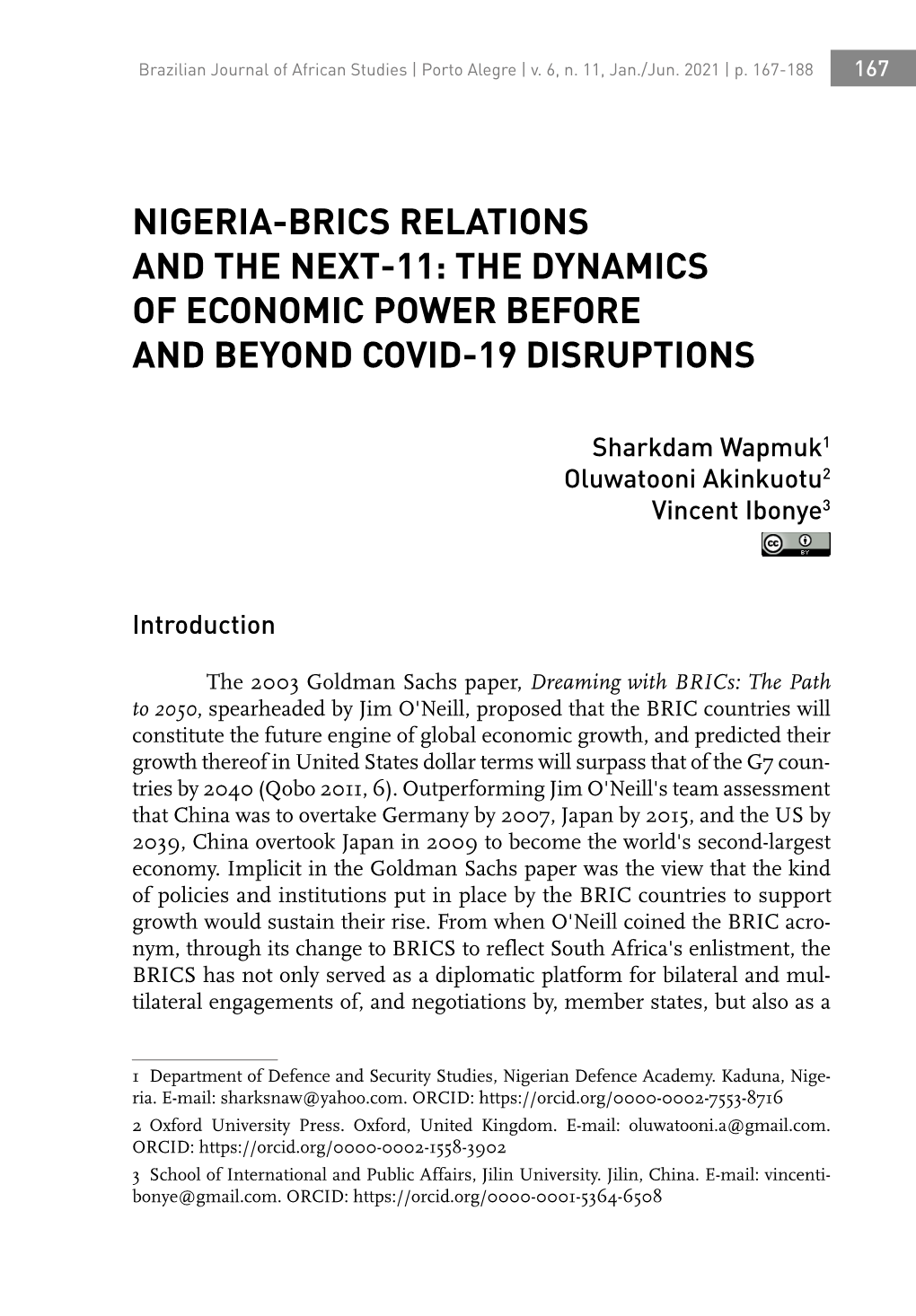 Nigeria-Brics Relations and the Next-11: the Dynamics of Economic Power Before and Beyond Covid-19 Disruptions