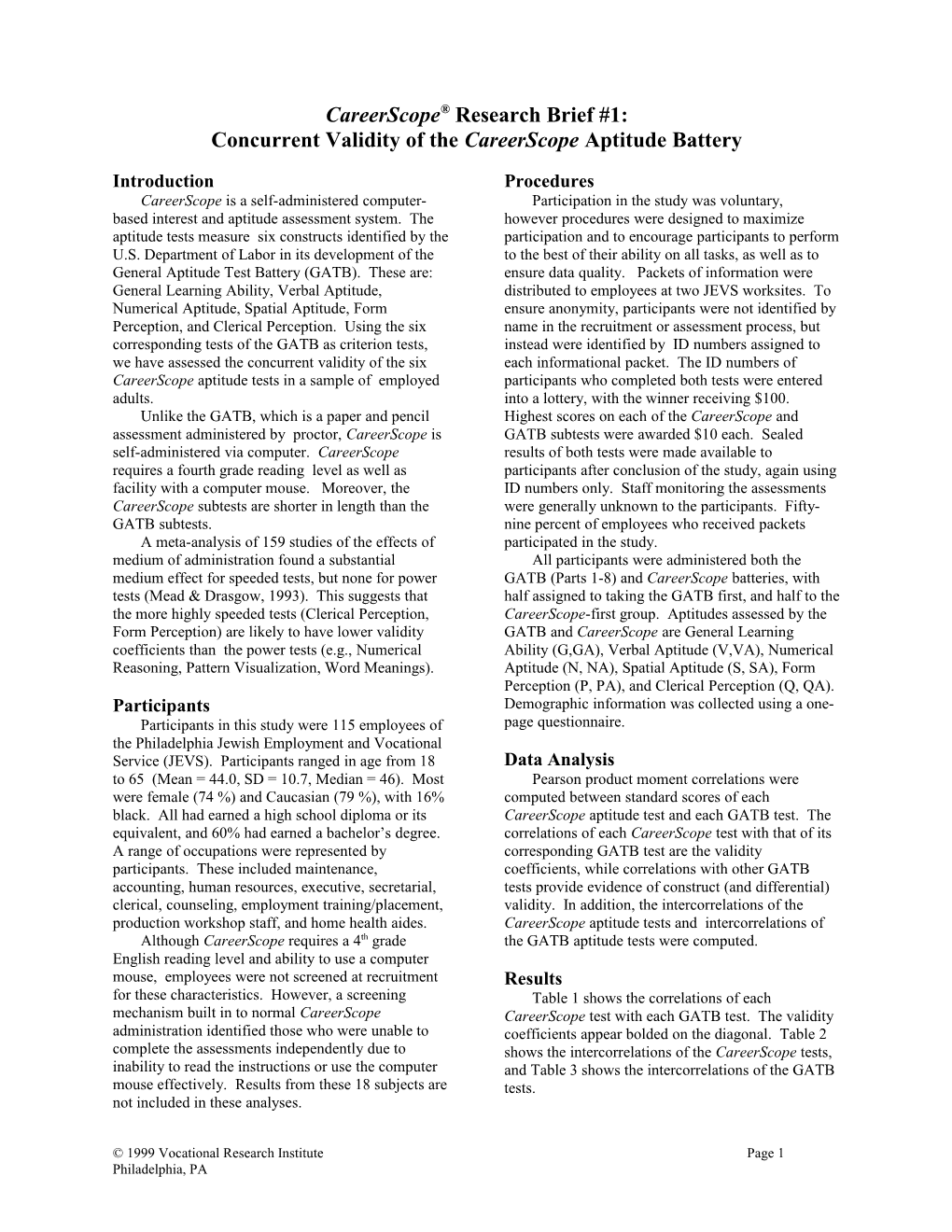 Concurrent Validity of the Careerscope Aptitude Battery