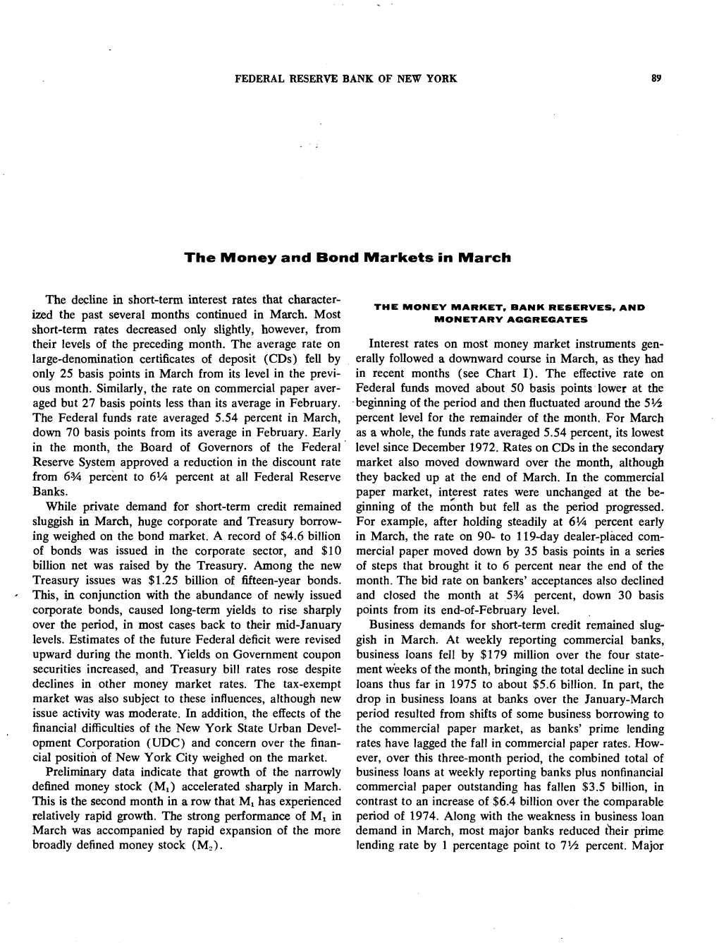 The Money and Bond Markets in March 1975