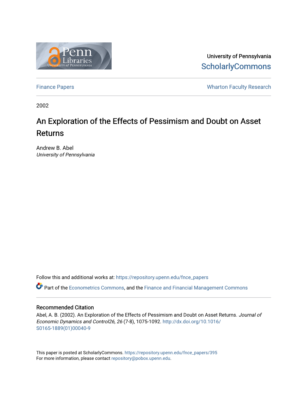 An Exploration of the Effects of Pessimism and Doubt on Asset Returns