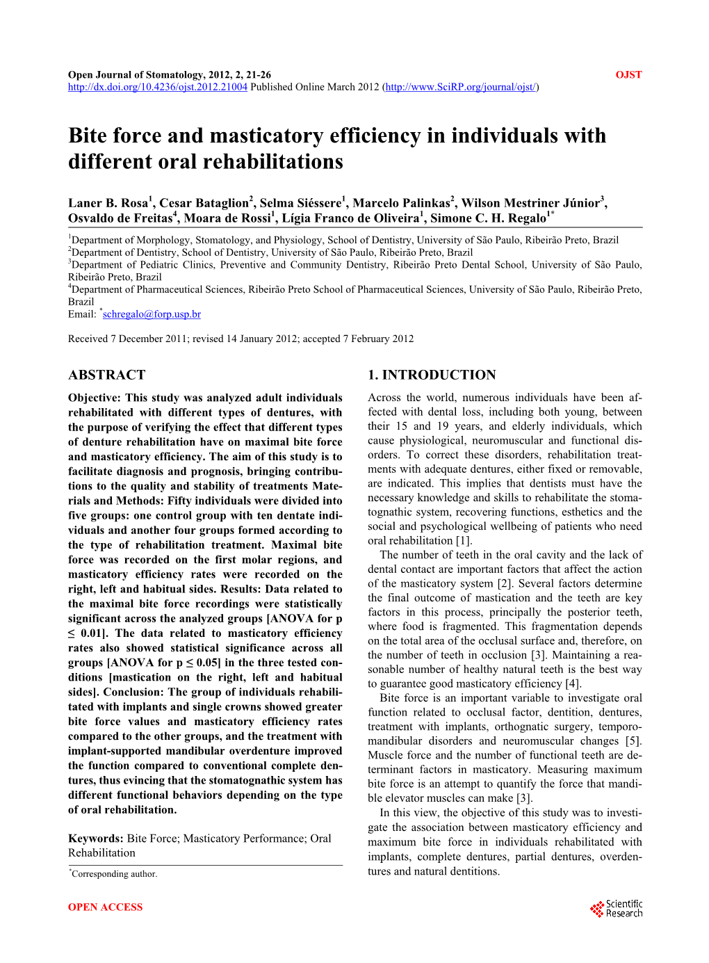 Bite Force and Masticatory Efficiency in Individuals with Different Oral Rehabilitations