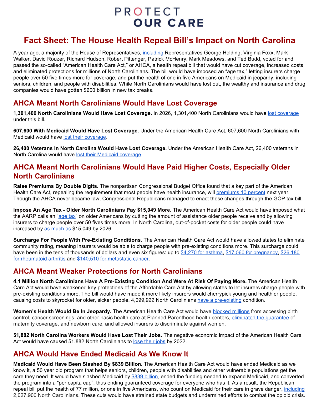 Fact Sheet: the House Health Repeal Bill's Impact on North Carolina