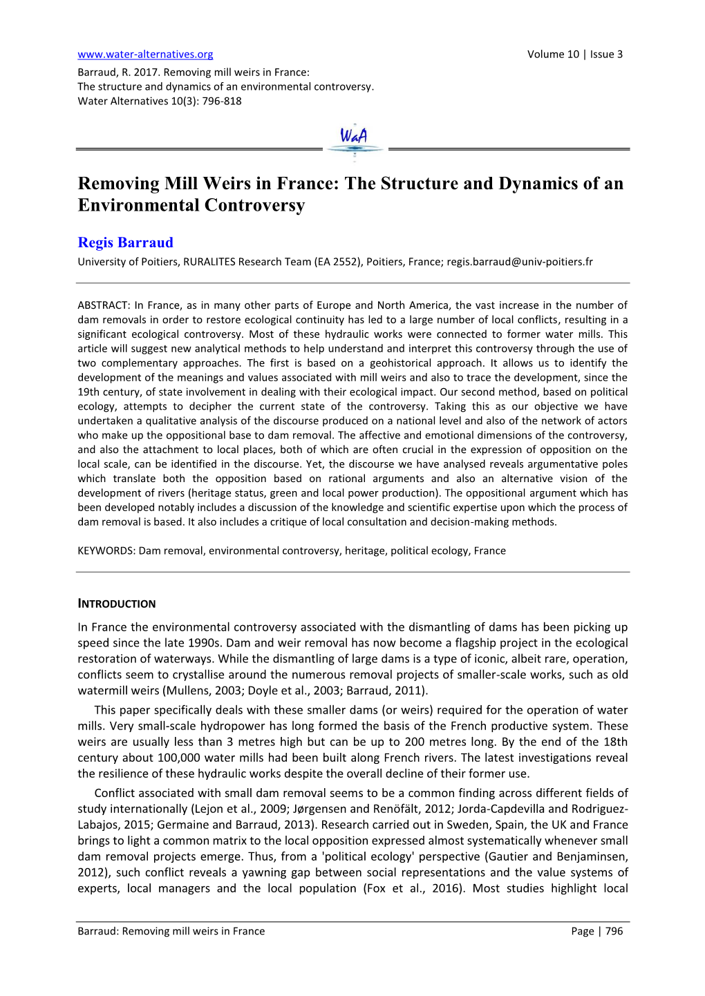 Removing Mill Weirs in France: the Structure and Dynamics of an Environmental Controversy