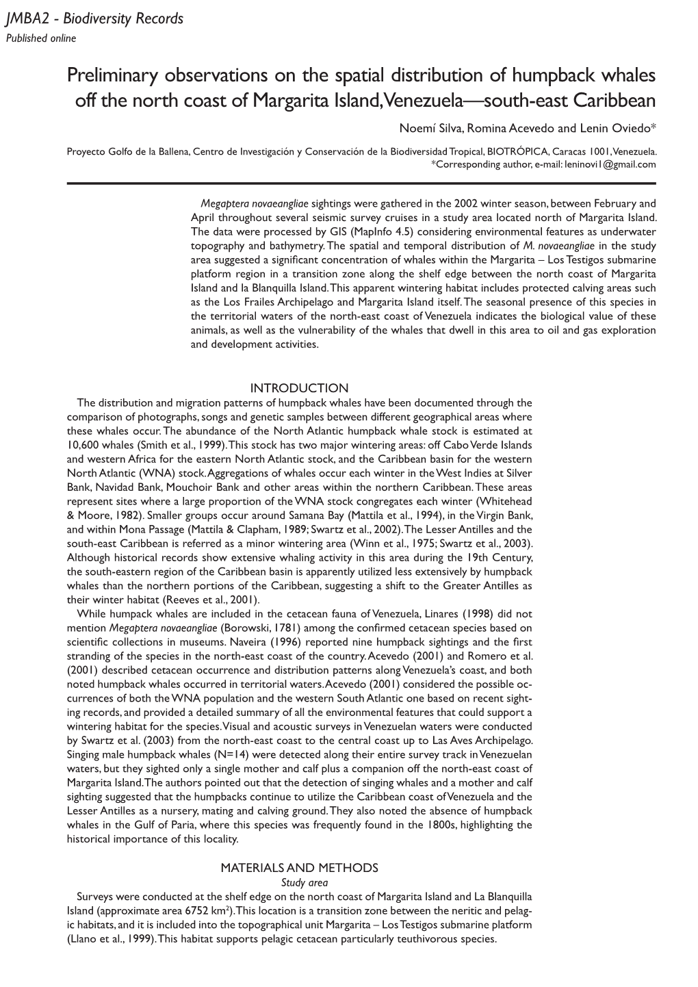 Preliminary Observations on the Spatial Distribution of Humpback