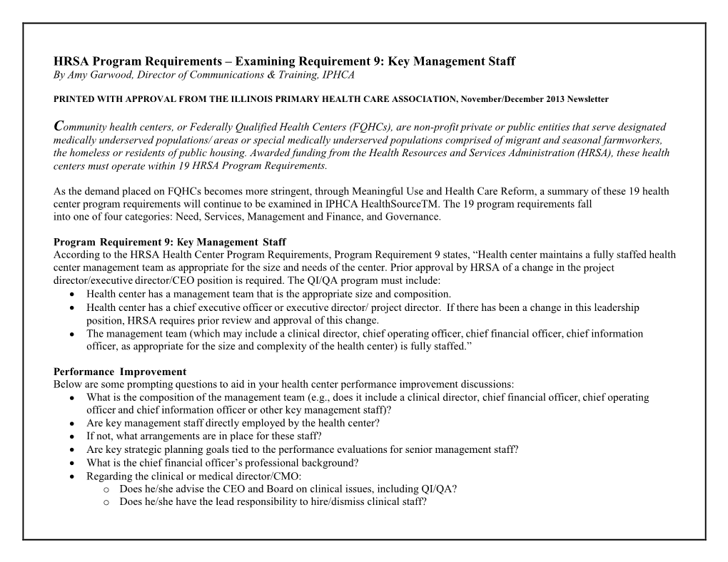 HRSA Program Requirements – Examining Requirement 9: Key Management Staff by Amy Garwood, Director of Communications & Training, IPHCA