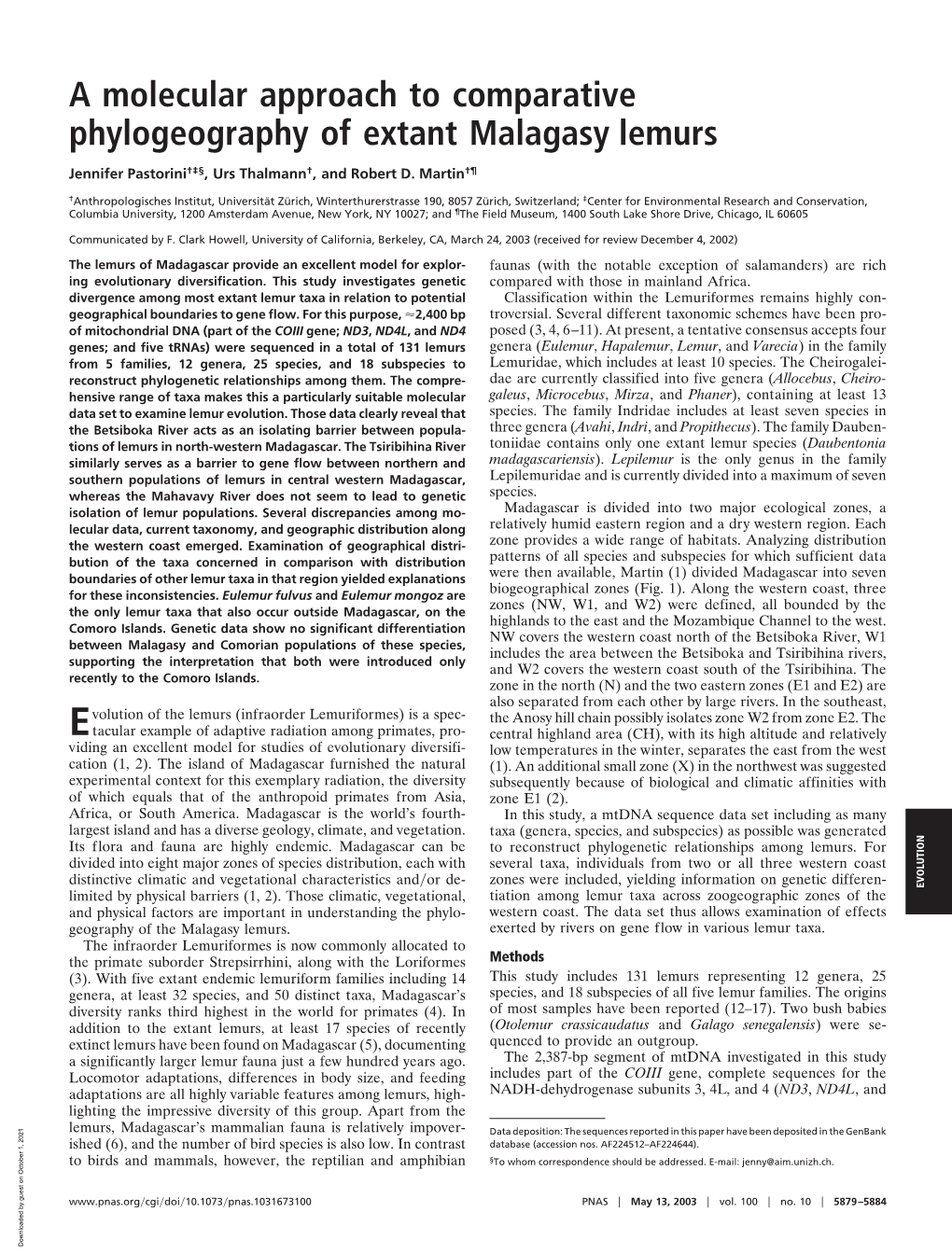 A Molecular Approach to Comparative Phylogeography of Extant Malagasy Lemurs