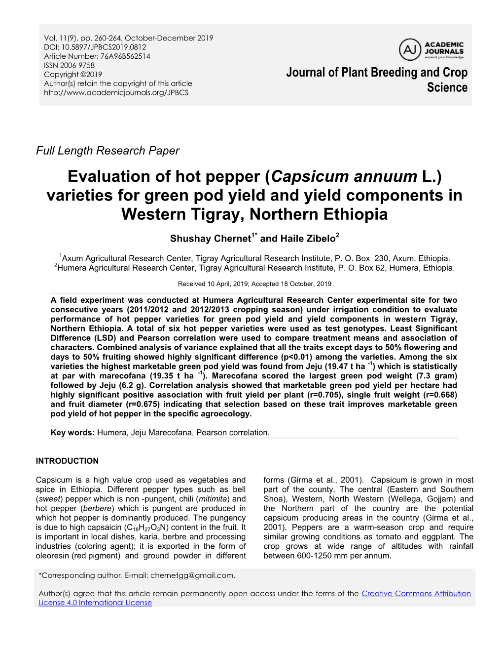 Evaluation of Hot Pepper (Capsicum Annuum L.) Varieties for Green Pod Yield and Yield Components in Western Tigray, Northern Ethiopia