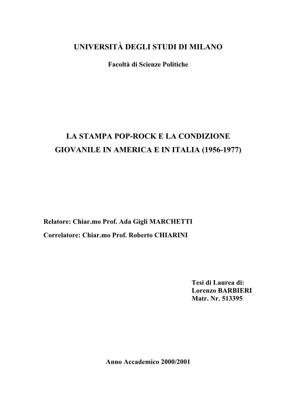 La Stampa Pop-Rock E La Condizione Giovanile in America E in Italia (1956-1977)