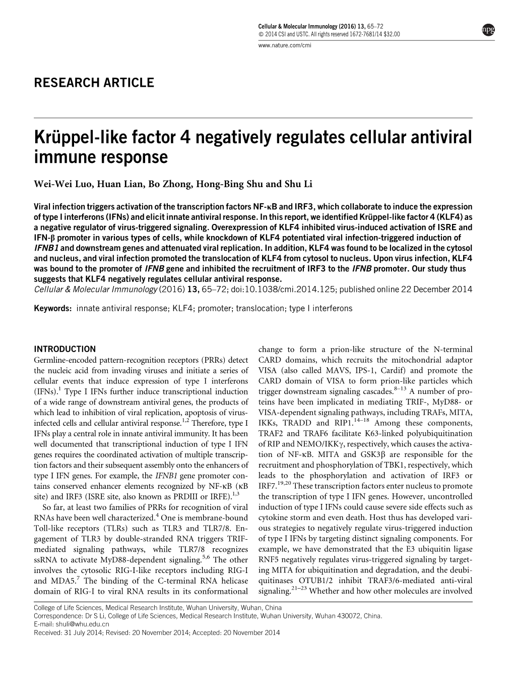 Kru¨ Ppel-Like Factor 4 Negatively Regulates Cellular Antiviral Immune Response