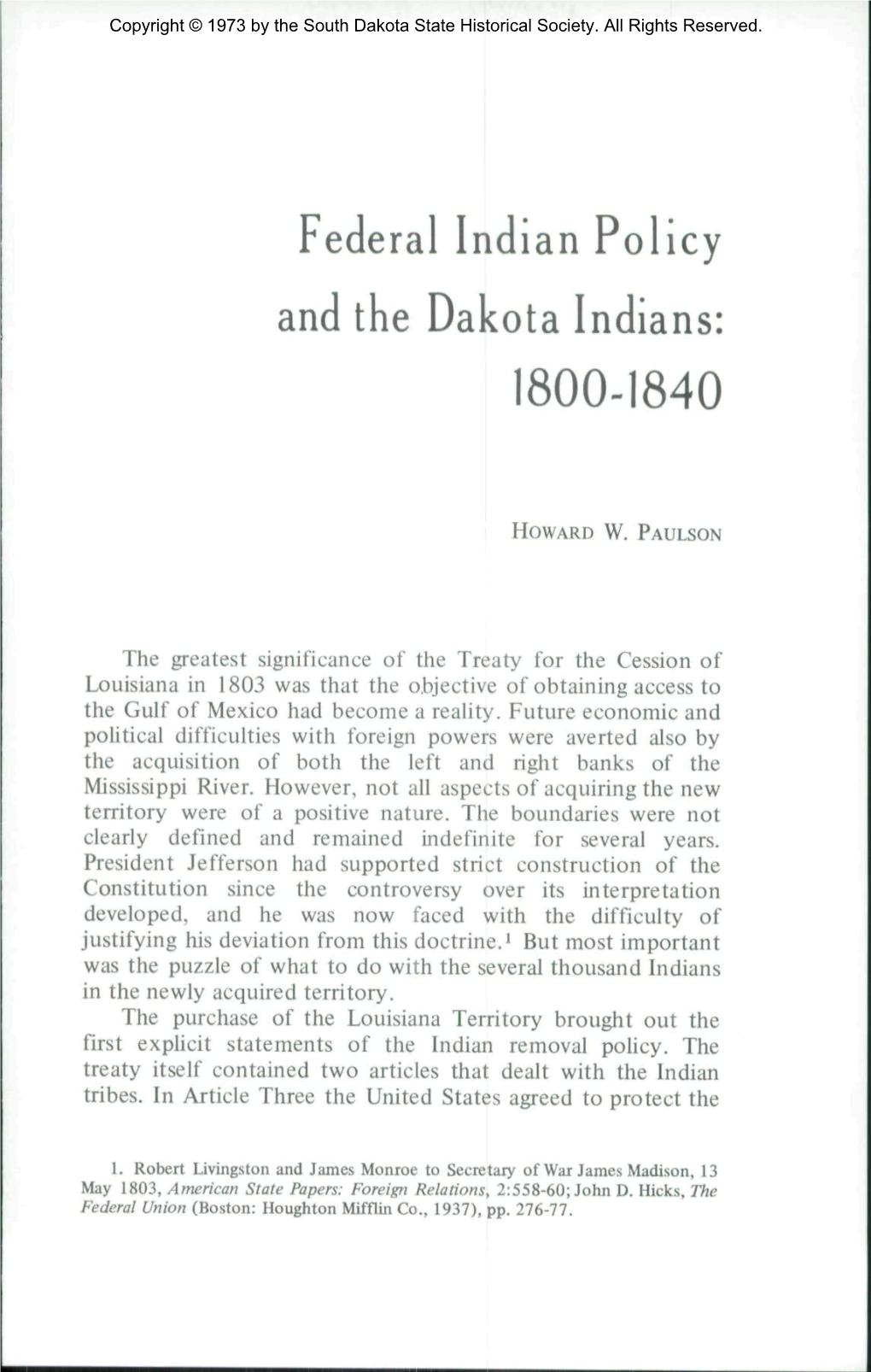 Federal Indian Policy and the Dakota Indians: 1800-1840