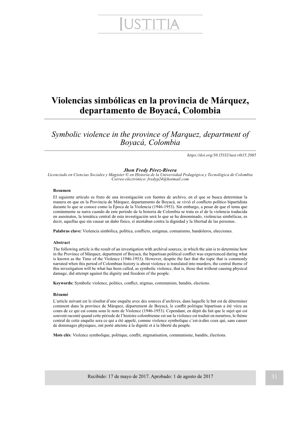 Violencias Simbólicas En La Provincia De Márquez, Departamento De Boyacá, Colombia