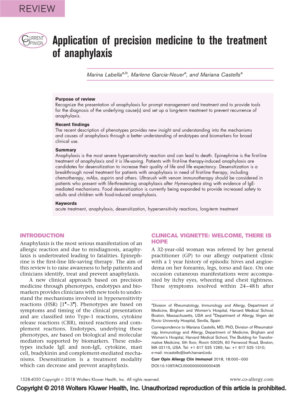 Application of Precision Medicine to the Treatment of Anaphylaxis