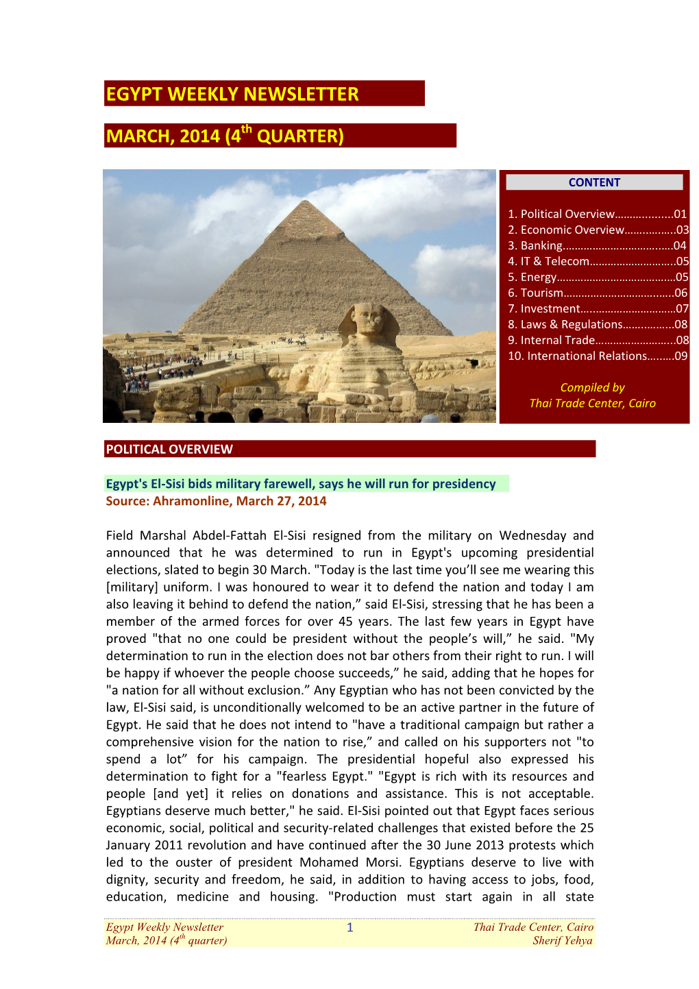 Egypt Weekly Newsletter March 2014, 4Th Quarter
