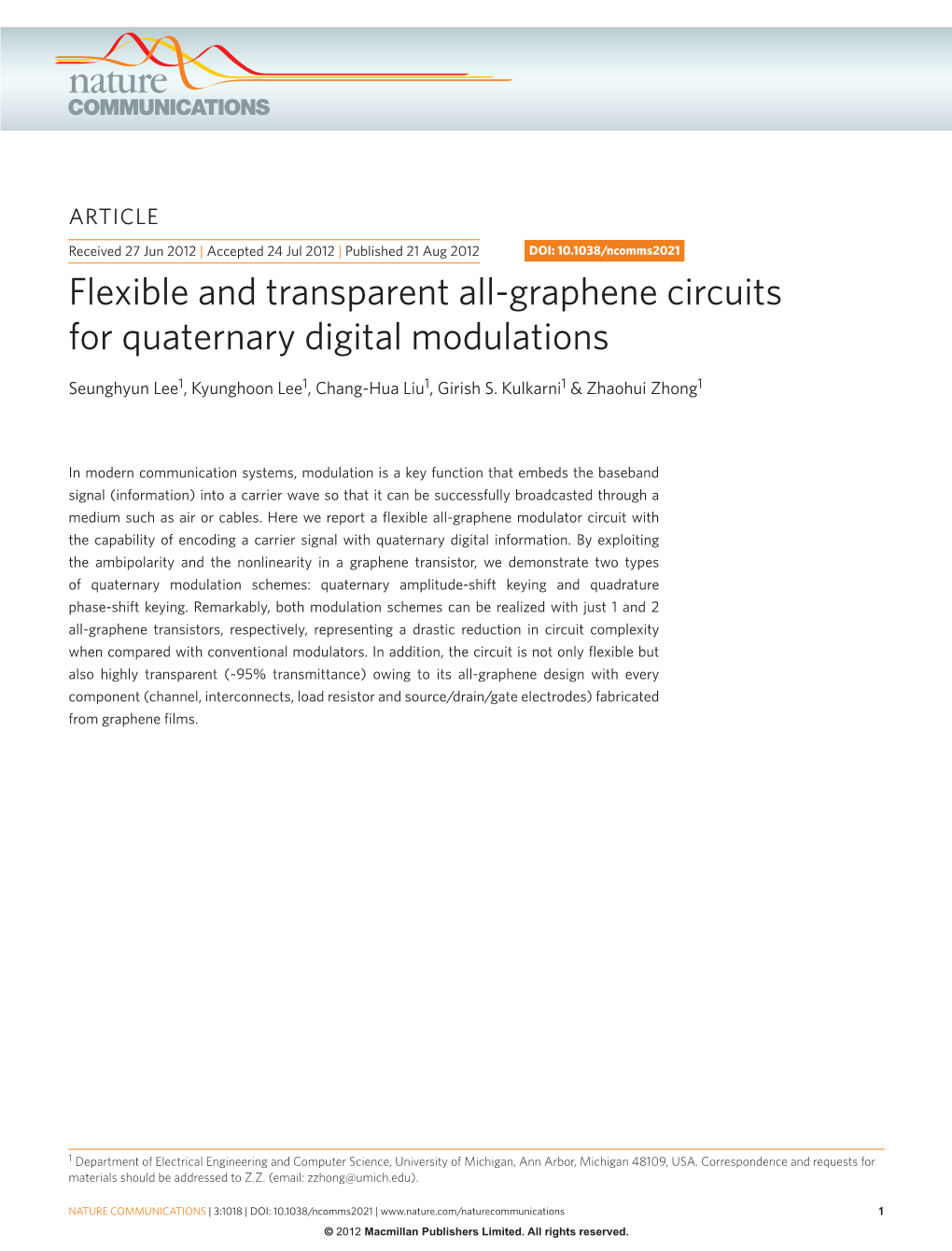 Flexible and Transparent All-Graphene Circuits for Quaternary Digital Modulations