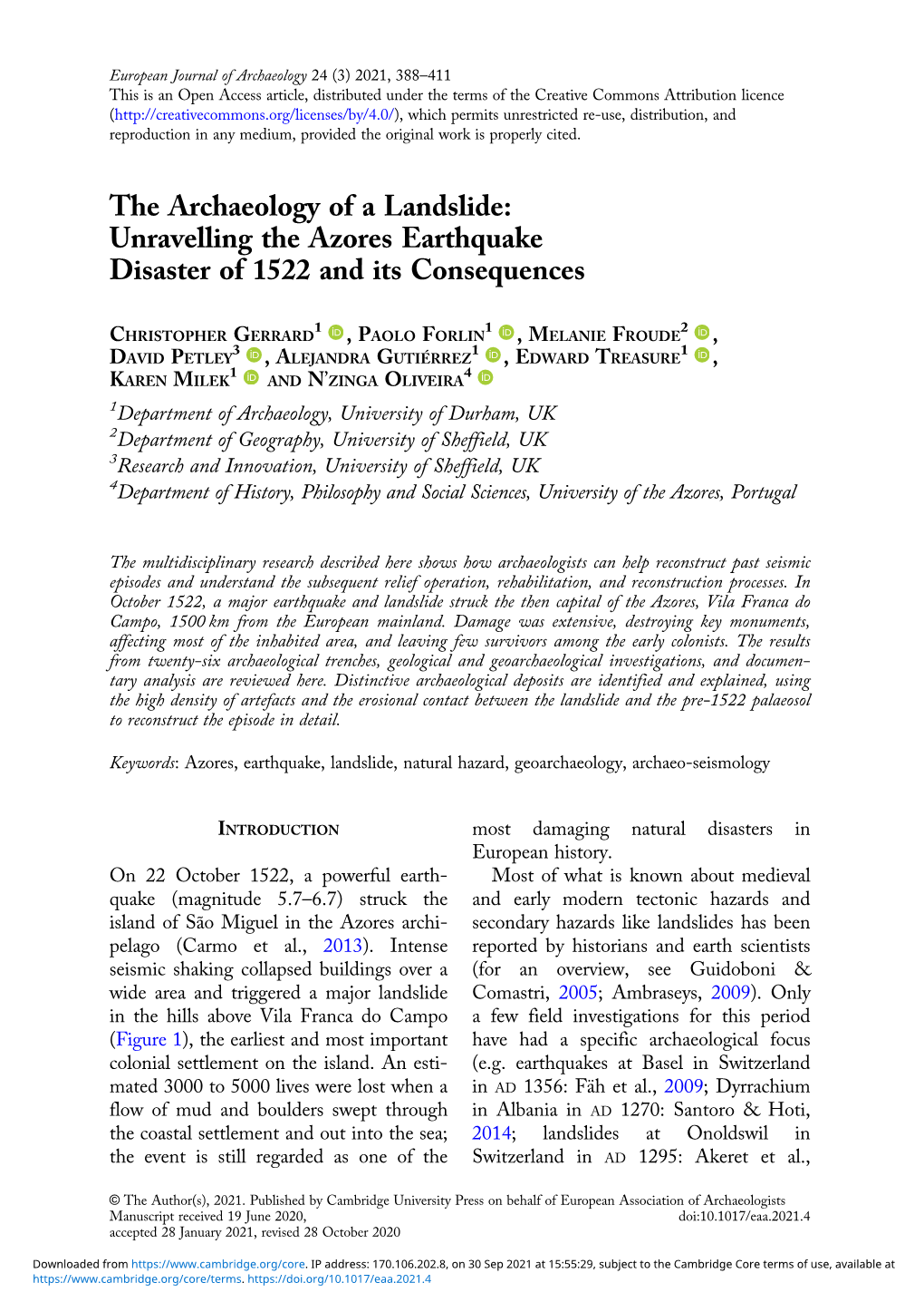 The Archaeology of a Landslide: Unravelling the Azores Earthquake Disaster of 1522 and Its Consequences